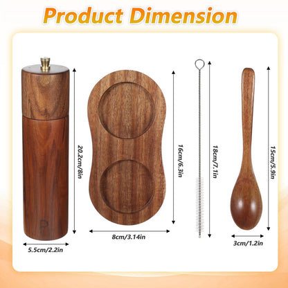 KongTiva 2 Pack Wooden Salt and Pepper Grinder Set, 8 Inch Adjustable Coarseness Manual Salt and Pepper Mill with Brush and Spoon, Acacia Wood Refillable Grinders for Kitchen Home Gift