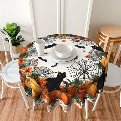 Halloween Pumpkin Bat Round Tablecloth 60 Inch, Black Cat Decorations Round Table Cloth for Halloween Holiday Picnic Party Kitchen/Home Dining Decor