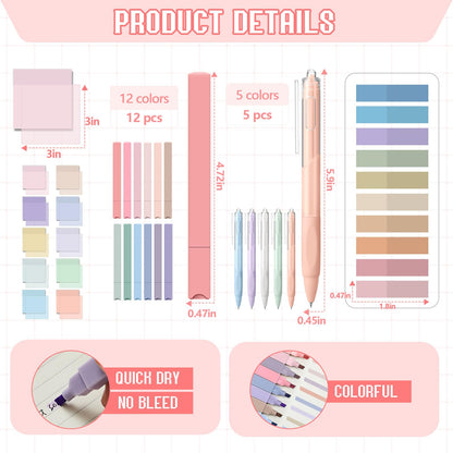 Jutom 39 Pcs Aesthetic Book Annotation Kit Highlighter with Case Bag Gel Pen Transparent Sticky Note Taking Bible Supplies(Pink,Kawaii Style)