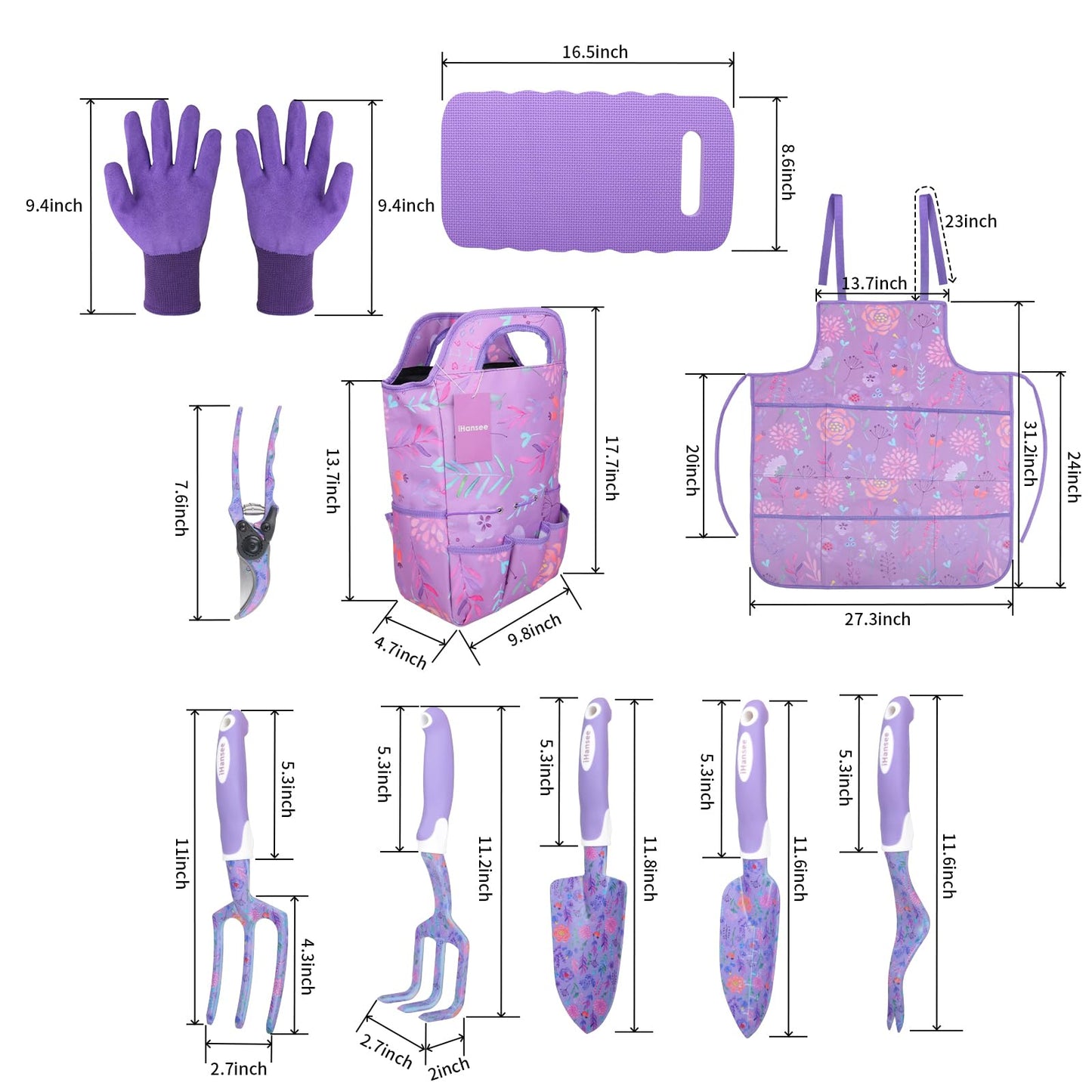 iHansee Purple Garden Tool Sets 10-Piece, Aluminum Alloy Steel Hand Tools w/Non-Slip Ergonomic Handle, Floral Print Garden Supplies Organizer Handbag, Cute Gardening Tools Gift for Women Grandmother