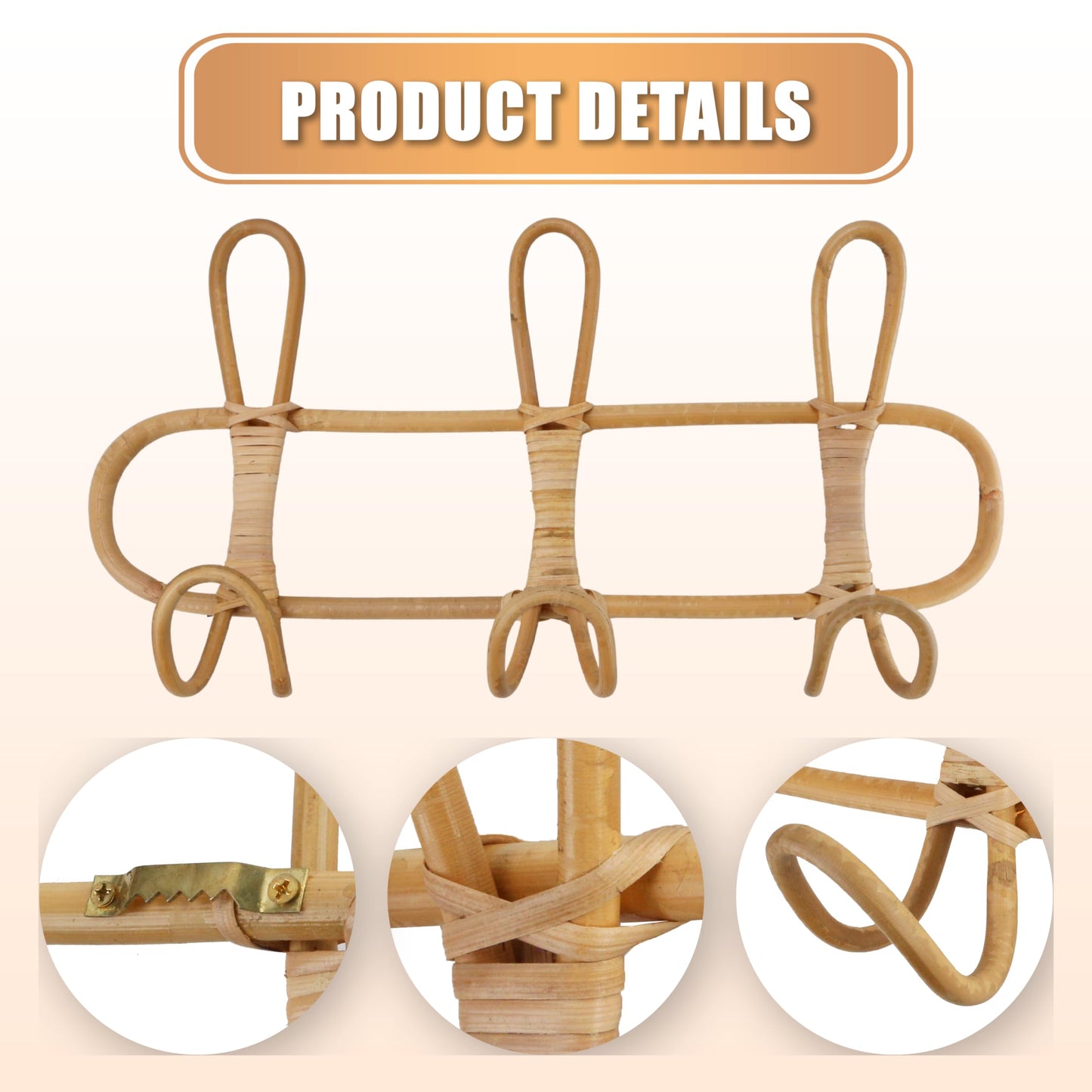 KH866 Boho Rattan Wall Hooks – Handmade Wall Mount Coat & Towel Rack, Natural Beige Hanging Organizer for Clothes, Hats, Towels, and Bags, Perfect for Entryway, Bedroom, Living Room (15.7x7.9 Inch)
