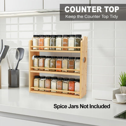 Thalomely 3 Tier Bamboo Spice Rack, Spice Rack Organizer, Seasoning Jars Rack Shelf Spice Organizer for Kitchen Counter or Wall Mounting, Spice Storage Holder with handles, Jars Not Included,Natural