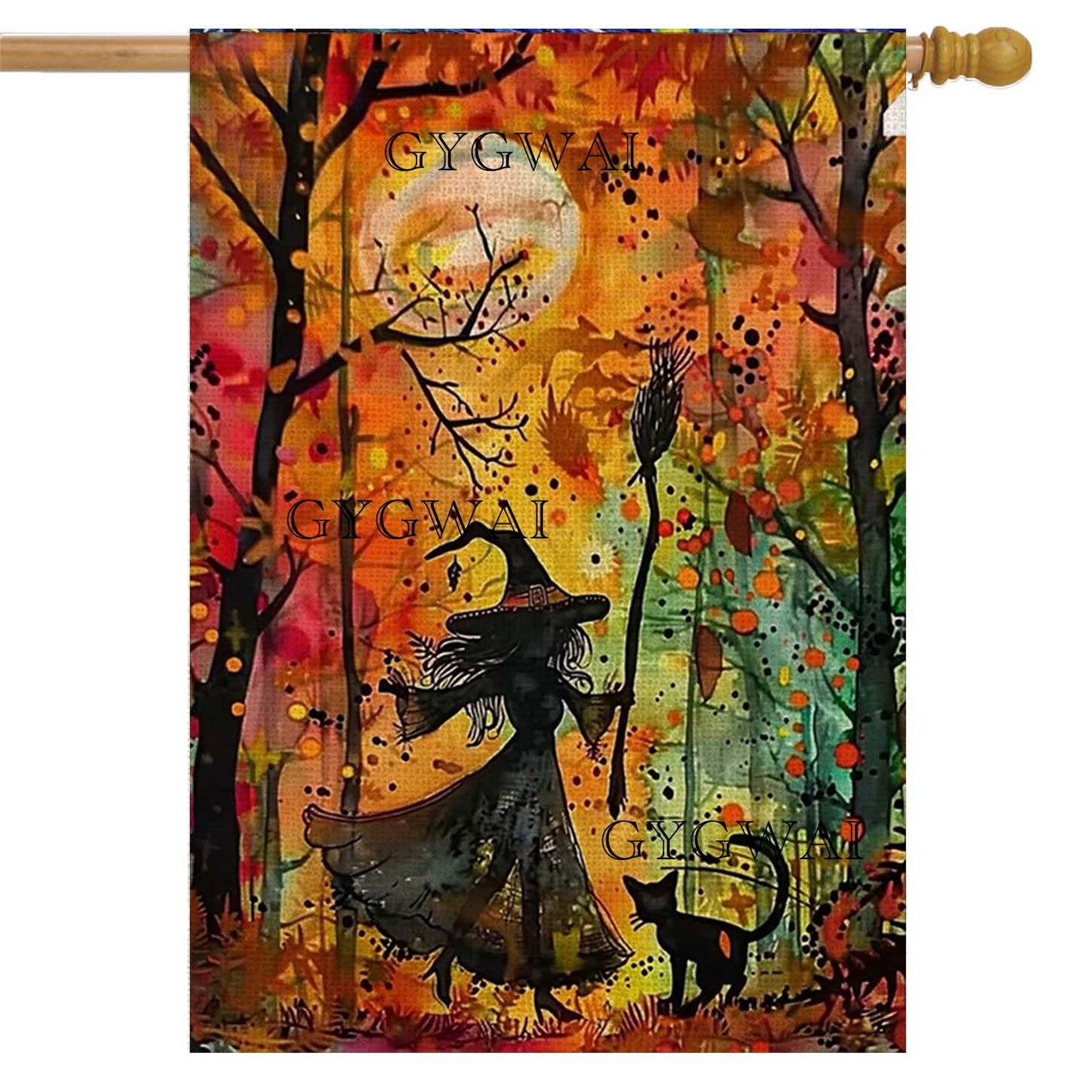 Halloween Witch Cat House Flag 28x40 Inch Double Sided Outside, Halloween Yard Flag for Fall Holiday Outdoor Decorations