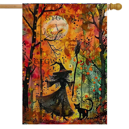 Halloween Witch Cat House Flag 28x40 Inch Double Sided Outside, Halloween Yard Flag for Fall Holiday Outdoor Decorations