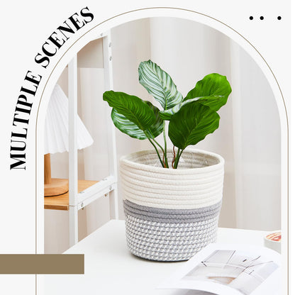 FoldTier 3 Pcs Cotton Rope Plant Basket with Plastic Liner Rustic Plant Basket Planters Modern Woven Decorative Pots for Home Flower Indoor Storage Decor, 7.5 x 6.5 Inches(White, Gray)