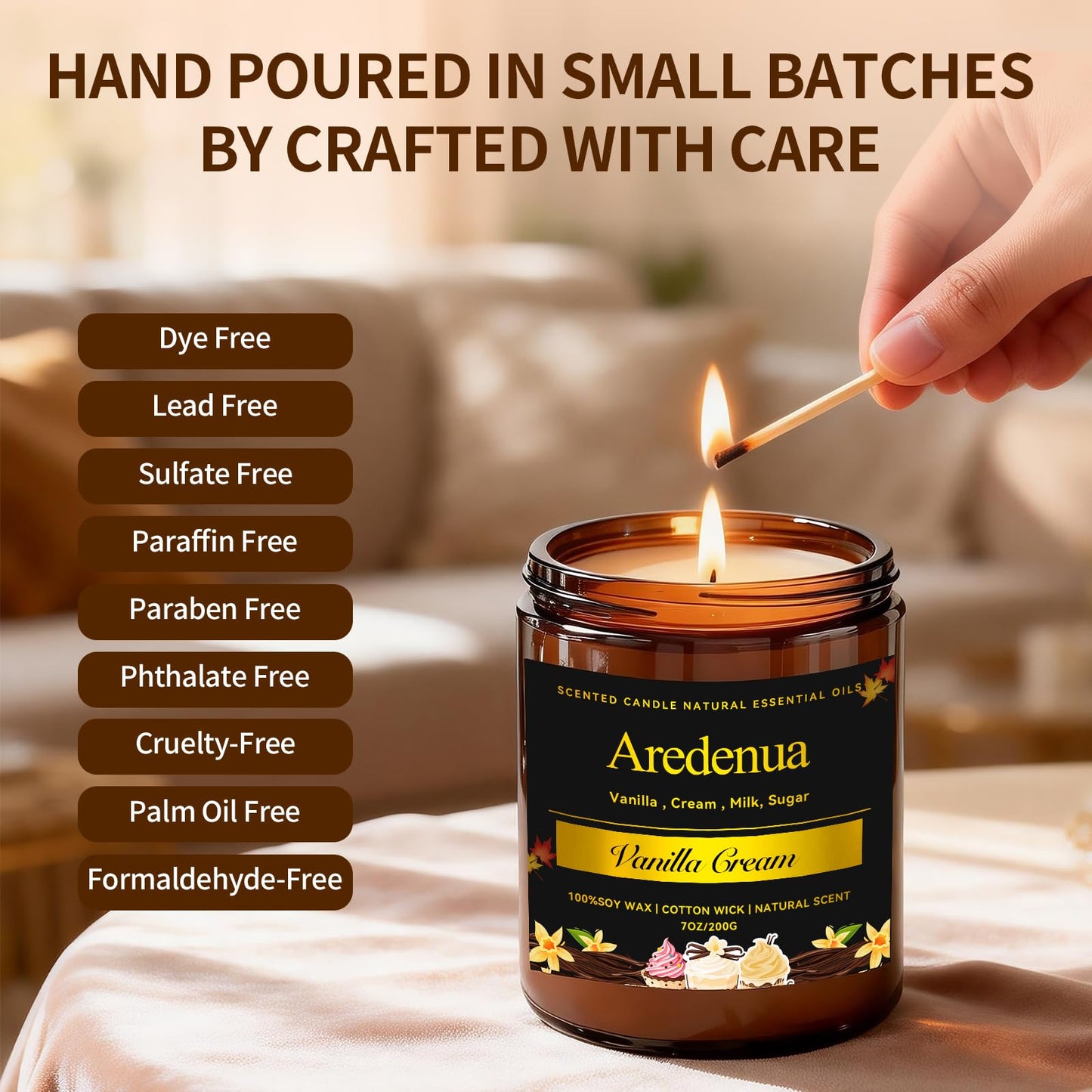 Vanilla Cream Odor Eliminating Candle, 7oz Long Lasting Soy Jar Candle, Non Toxic Clean Burning Calming Aromatherapy Candle, Natural Odor Remover for Pet Smell, Smoke, Food, Bedroom Relaxation Gift