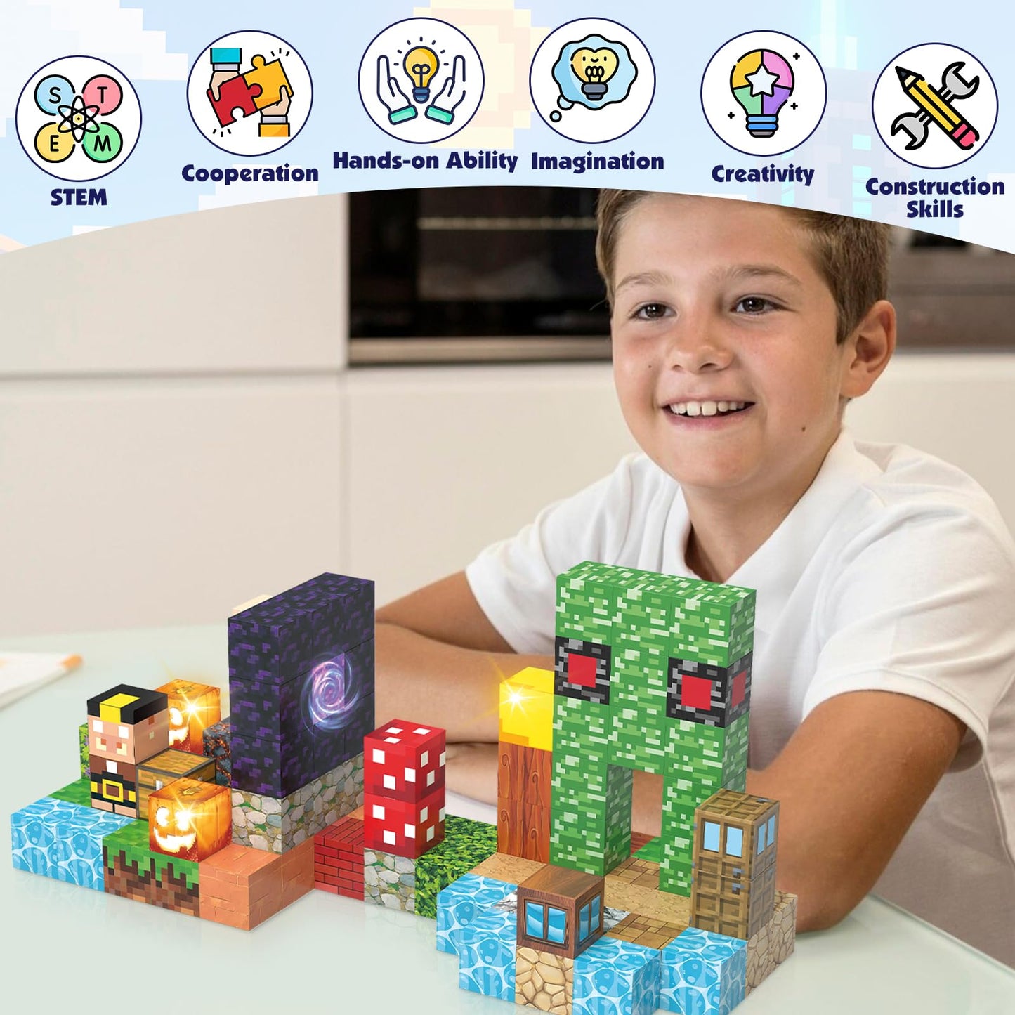 JIMI Magnetic Building Blocks, 100pcs Magnetic Blocks STEM Construction Toys, Montessori Sensory Stacking Toys for Toddlers, Light-up 1 Inch Magnet Cubes, Christmas Birthday Gifts for Kids 3 4-8