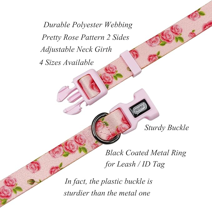 Dog Collar Leash Set, Floral Pattern, Polyester Material, Adjustable Collar and 5ft Matching Leash, for Small Dogs.(S, Pink Rose)