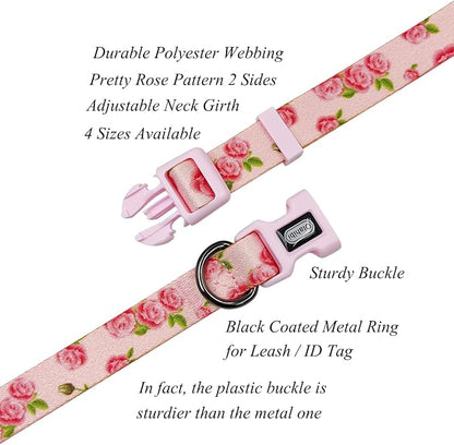 Dog Collar Leash Set, Floral Pattern, Polyester Material, Adjustable Collar and 5ft Matching Leash, for Medium Dogs.(M, Pink Rose)