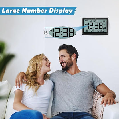 Amgico Digital Wall Clock,10.5" Large Display Atomic Clock,Battery Operated,Digital Calendar Auto Setting with Indoor Temperature,Humidity,Date,Day,Auto DST for Elderly Bedroom Classroom,No Backlight