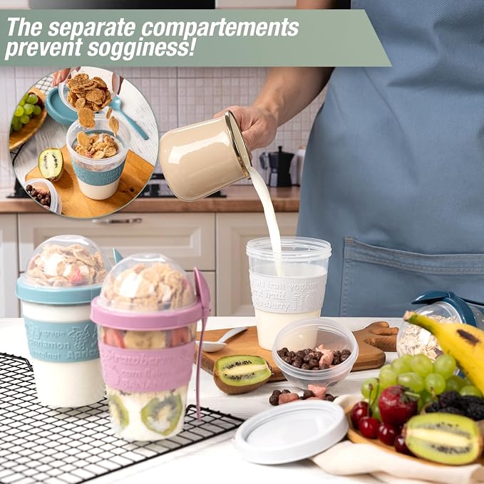 4 Pack Reusable On The Go Yogurt Parfait Cups, Breakfast Plastic Containers with Lids and Spoons, Perfect Jars for Overnight Oats Cereal Granola Oatmeal Smoothies and Snack Prep
