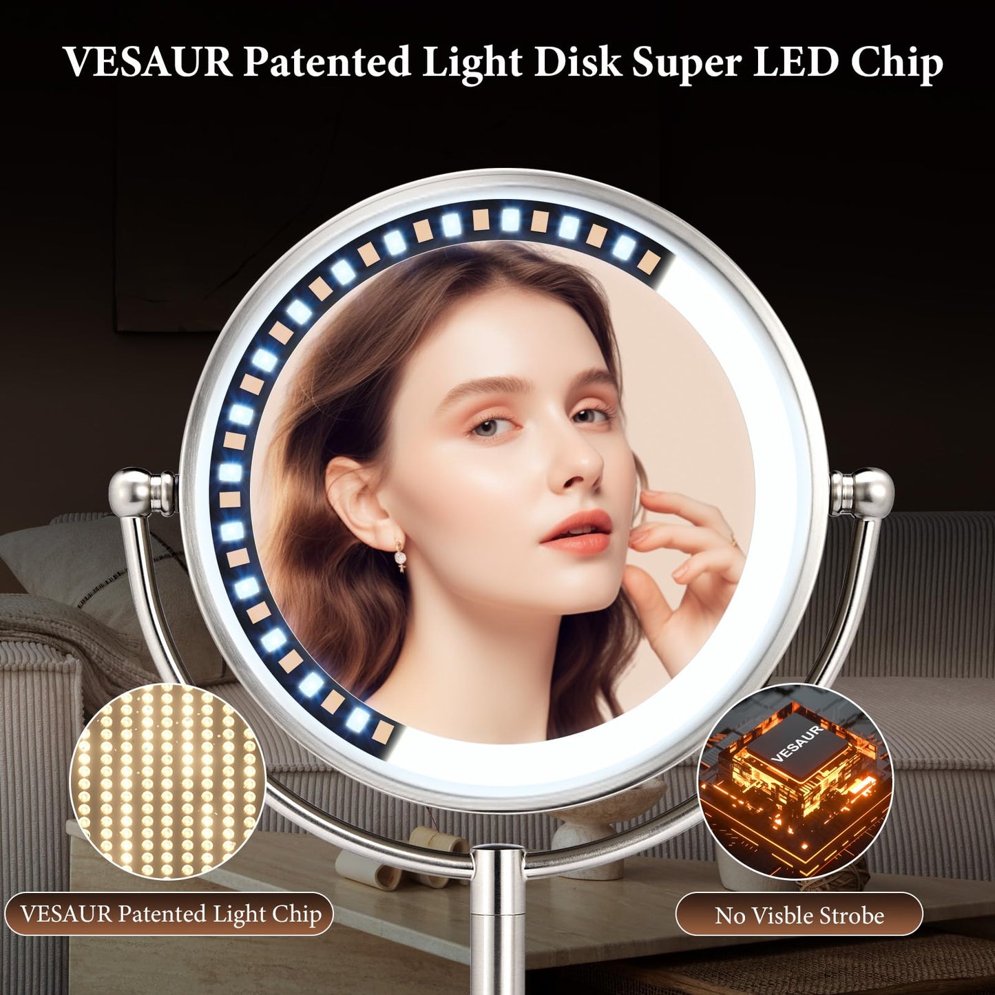 Professional 8.5" Large Lighted Makeup Mirror with Brighter Lights, 1X/10X True HD Magnifying Mirror with 3 Color Dimmable Lights, 90 Shadowless LEDs, 360°Swivel Seamless Vanity Mirror, Pearl Nickel