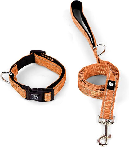 IVY&LANE Reflective Dog Collar and Leash Set,Adjustable Neoprene Padded Dog Collars for Puppy, Breathable Nylon Pet Collar for Small Medium Large Dogs (Large,Orange)