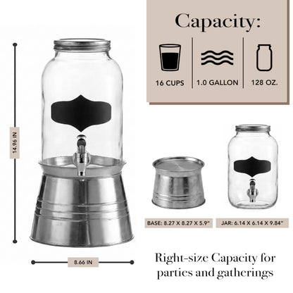 Style Setter Bristol Beverage Dispenser with Blackboard and Ice Bucket Stand Cold Drink Wine Juice with 1 Gallon Capacity Glass Jug and Leak-Proof Acrylic Spigot Great for Parties, Weddings and More