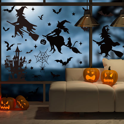 JarThenaAMCS Extra Large Halloween Window Clings Black Witch Castle Bat Window Stickers Double-Sided Glass Decals for Home Classroom Office Party Decoration, 4 Sheets