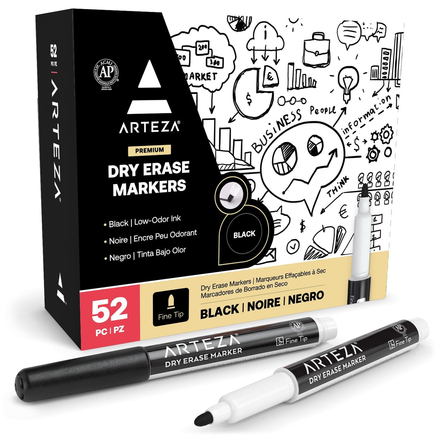 ARTEZA Black Dry Erase Markers Pack of 52, Fine Tip, Low-Odor Black Ink, Classroom-Preferred Whiteboard Markers