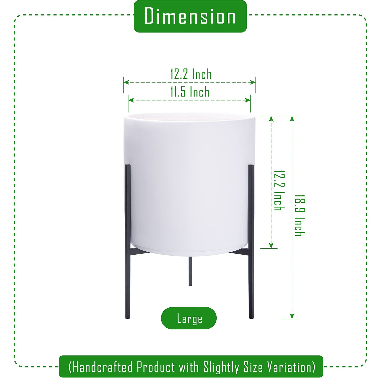 D'vine Dev Modern White Plants Pot Cylinder Planter with Heavy Duty Stand, Large 12 Inch Pot, 18.9 Inch with Stand Height, 96-T-A-3