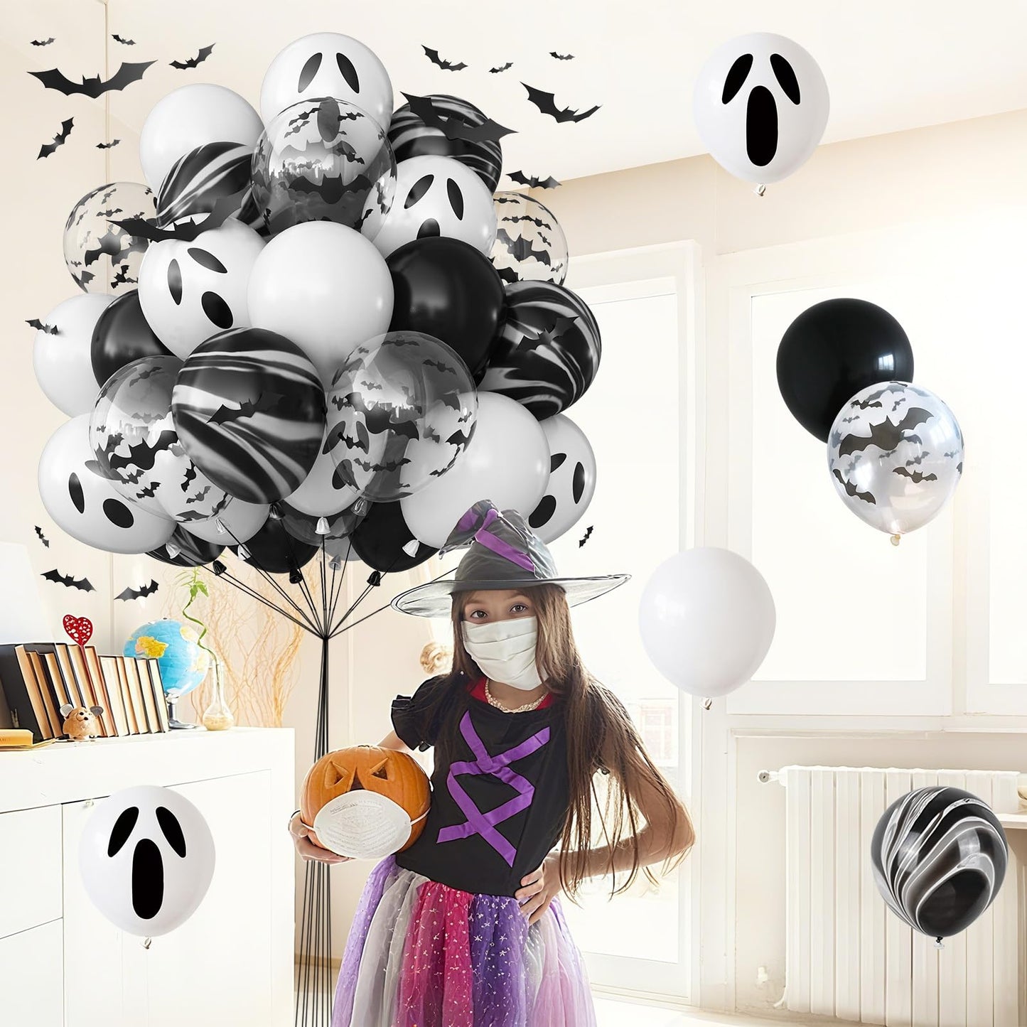 Froova Halloween Balloons Black and White Balloons with 3D Bat Stickers Bat Print Balloon and Black Marble White Ghost Balloon for Happy Halloween Skull Skeleton Spooky Birthday Horror Party Decor