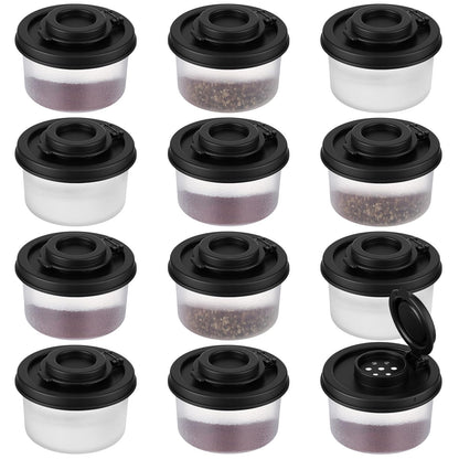 Acellegic 12 Pack Mini Salt and Pepper Shakers Moisture Proof Set Lids Plastic Airtight Dispenser for Camping Picnic Outdoors Kitchen Lunch Boxes Travel Spice(Black)