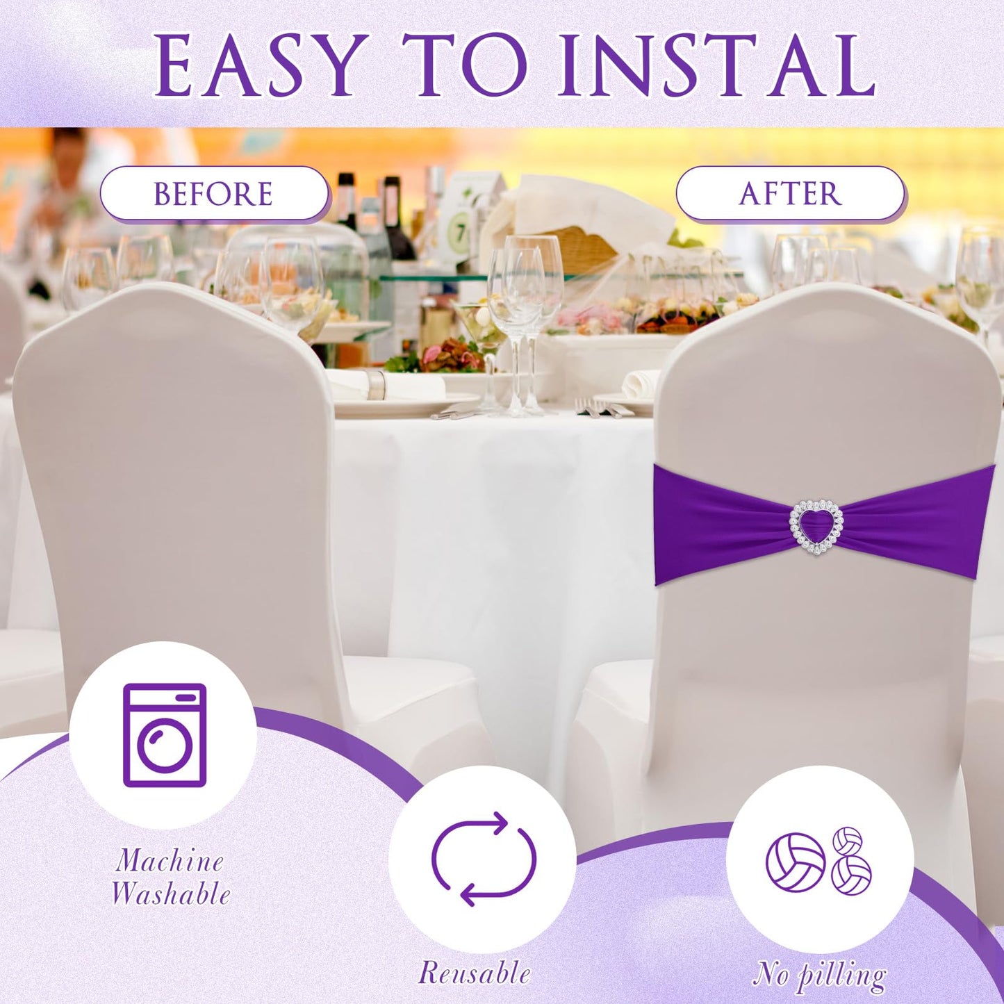 VitalCozy 100 Pcs Spandex Chair Sashes with Heart Shaped Buckle Slider Stretch Chair Cover Band Universal Elastic Ties for Wedding Banquet Event Party Decoration(Purple)