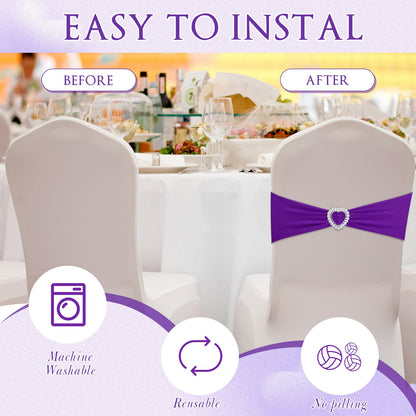 VitalCozy 100 Pcs Spandex Chair Sashes with Heart Shaped Buckle Slider Stretch Chair Cover Band Universal Elastic Ties for Wedding Banquet Event Party Decoration(Purple)