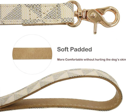 Leather Dog Collar and Leash Set, Check Pattern Dog Collar Leashes Metal Buckle Adjustable Durable for Small Medium Large Dogs (White, M(11.8-15IN))