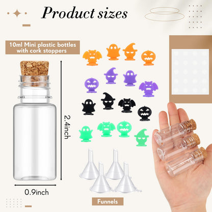 Bokon 36 Pack Mini Plastic Bottles with Corks Funnels Plastic Potion Bottles Tiny Clear Sand Art Jar Wishing Vial Witch Potion Jars for Decorations Birthday Party DIY Crafts Gift