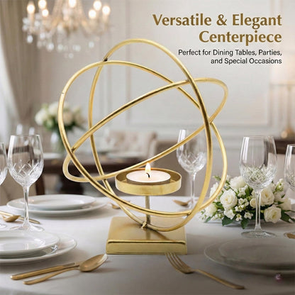 Gold Hurricane Candle Holder – Modern Metal Candle Holder Decor with Geometric Ring Design, Elegant Candle Stand for Pillar Candles & Table Decor, Indoor Decorative Lantern Style Accent