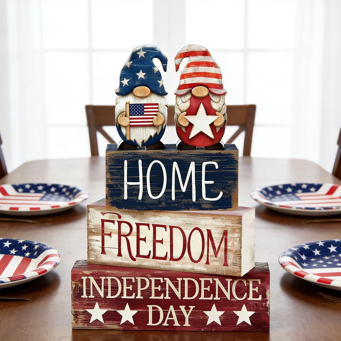 4th of July Table Decorations Patriotic Memorial Day Tiered Tray Decor Wooden Gnome Block Signs Independence Farmhouse 250th July Fouth Centerpiece for Tables Wooden Sign for Home Decor