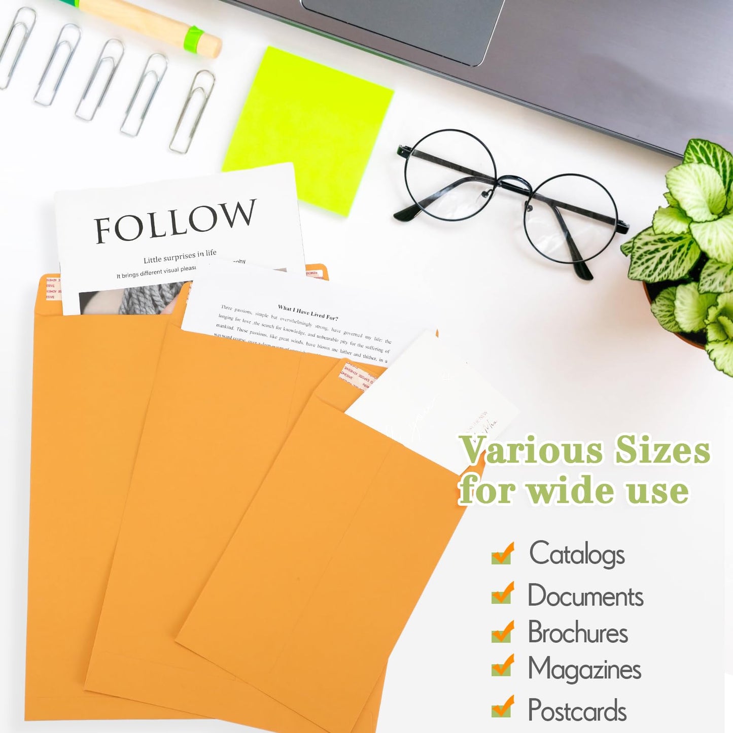 Chivertion 100 Pcs 3 Sizes Catalog Mailing Envelopes, Peel and Seal, Anti Tear Kraft Paper Printable Catalog Envelope for Filing, Storing or Mailing Documents, 6 x 9 In, 9 x 12 In, 10 x 13 In (Yellow)