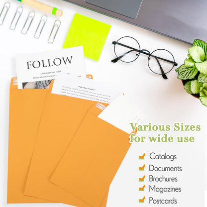 Chivertion 100 Pcs 3 Sizes Catalog Mailing Envelopes, Peel and Seal, Anti Tear Kraft Paper Printable Catalog Envelope for Filing, Storing or Mailing Documents, 6 x 9 In, 9 x 12 In, 10 x 13 In (Yellow)