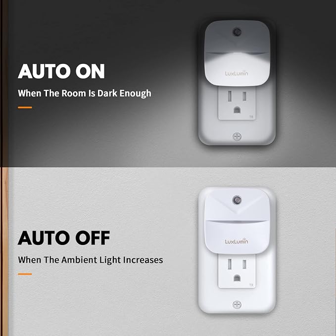 LuxLumin LED Night Lights Plug into Wall with Smart Dusk-to-Dawn Sensor, Automatically Turn on and Off,Night Light for Kids,Bedroom,Bathroom,Stairs,White, 4 Packs