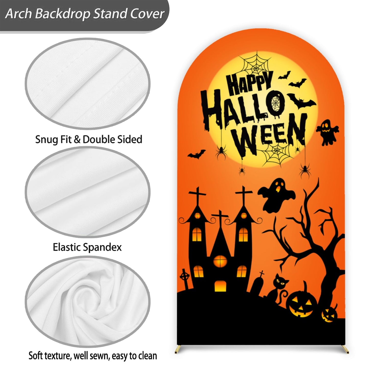 Happy Halloween Arch Backdrop Stand Cover 6ft Skeleton, Ghost Pumpkin Bat, Party, Spandex Arch Cover Horror Style Backdrop Fabric 2-Sided with Fall Pumpkin Spooky Witch Round Top for Halloween Party