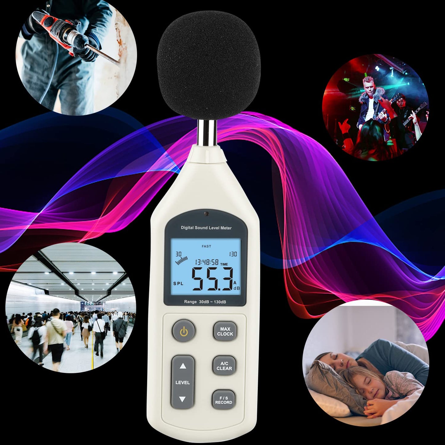 Decibel Meter, Professional Sound Level Meter with Backlight Display, USB Available SPL Meter 30 to 130dB, EC651 & ANSI S1.4 Standards A/C Weighted Sound Meter, Noise Meter with Records to 4700