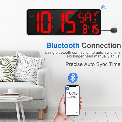 XREXS 17.2" Large Digital Wall Clock Bluetooth Sync Time, Precise Atomic Clocks with Remote Control, Adjustable Dimmer Grandfather Clock, Temperature for Bedroom, Desk Alarm Clock for Elderly