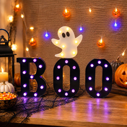 InnovTools Autumn Halloween Decorations BOO Marquee Letters with Ghost Light Purple LED Light Up Sign Spooky Table Centerpiece Wall Decor for Halloween Home Room Indoor Party Battery Operated Signs