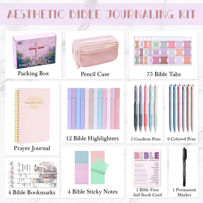 XKDOUS Bible Study Supplies Journaling Kit for Women, Bible Study Kit, 12 Pastel Highlighters and 12 Pens No Bleed, 75 Laminated Tabs, Prayer Journal Pencil Case and More, Pink