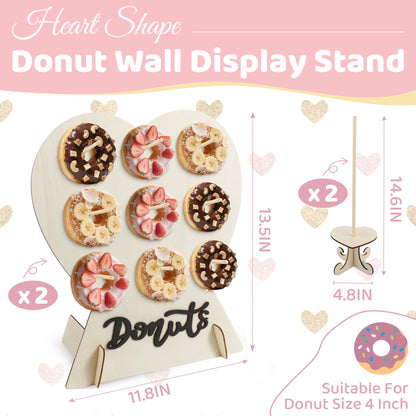 4 Pack Donut Wall Display Stand - 9 Doughnut Heart Shape Holder Board with 2Pcs Donut Tower Stand for Grow Up Party, Birthday, Wedding