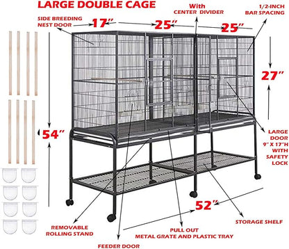 Large Double Breeding Flight Bird Wrought Iron Double Parrot Bird Cage Slide Out Center Divider Side Nesting Box Doors Cockatiel Conure Removalbe Rolling Stand