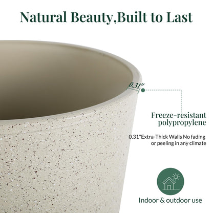 KOL Planters Flower Pots, Plastic Urn Planters for Indoor Outdoor Plants, Beige Pedestal Planter Pots 2 Pack, 15 Inch Tall Decorative Planters with Drainage Holes & Plugs for Front Porch Patio Garden