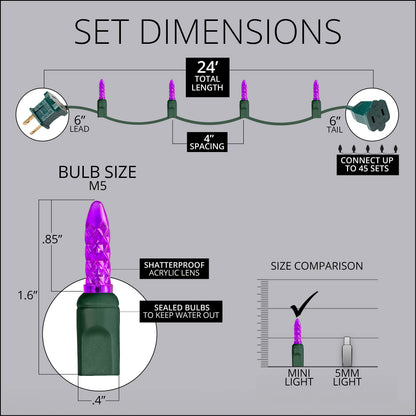 Wintergreen Lighting 24 ft M5 LED Purple Halloween Lights, 70 Count, Indoor/Outdoor, Commercial Grade, Green Wire