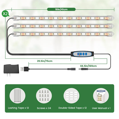 Kullsinss Grow Lights for Indoor Plants Full Spectrum, LED Grow Light Strips with 6/12/16H Timer, 3 Spectrum Modes, 5 Brightness Levels, 180 LEDs Sunlike Plant Lights for Indoor Growing (2 Pack)