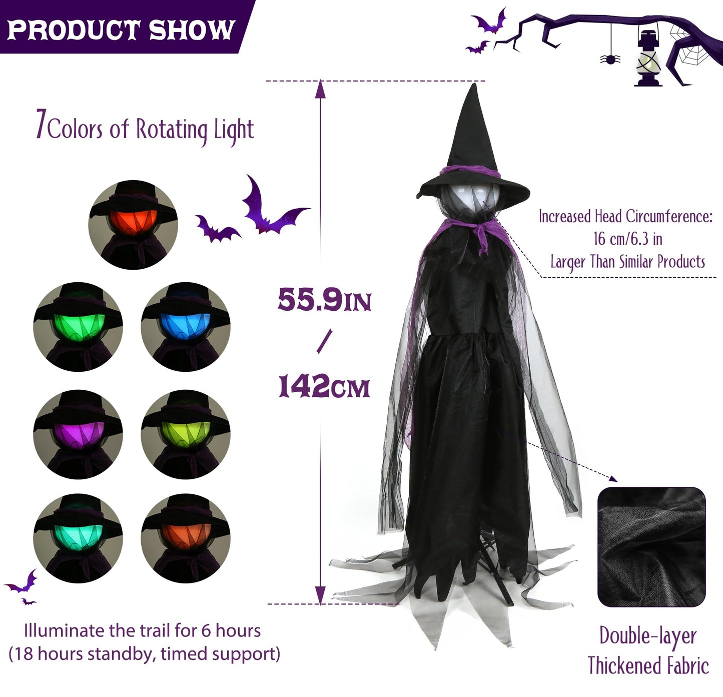 56In LED Set of 3 Black Witches with Stakes Light Up Witches Holding Hands Garden Decor Scary Halloween Decorations Outdoor Yard