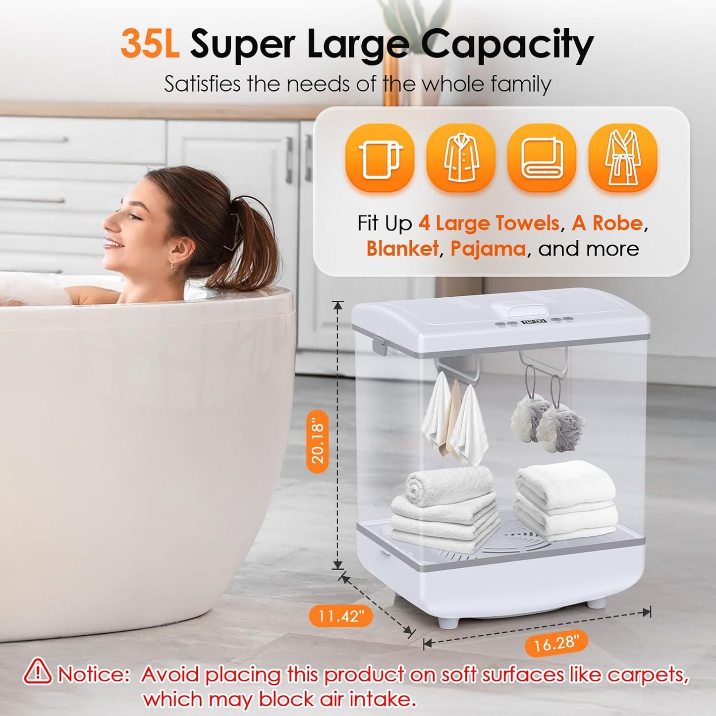 FEPPO Towel Warmer - 10 Gallon (35L) Large Capacity Luxury Towel Warmers for Bathroom with 2-in-1 Heating and Drying Functions, Timer/Delay, LED Display - Ideal for Oversized Towels, Bathrobes, PJ's
