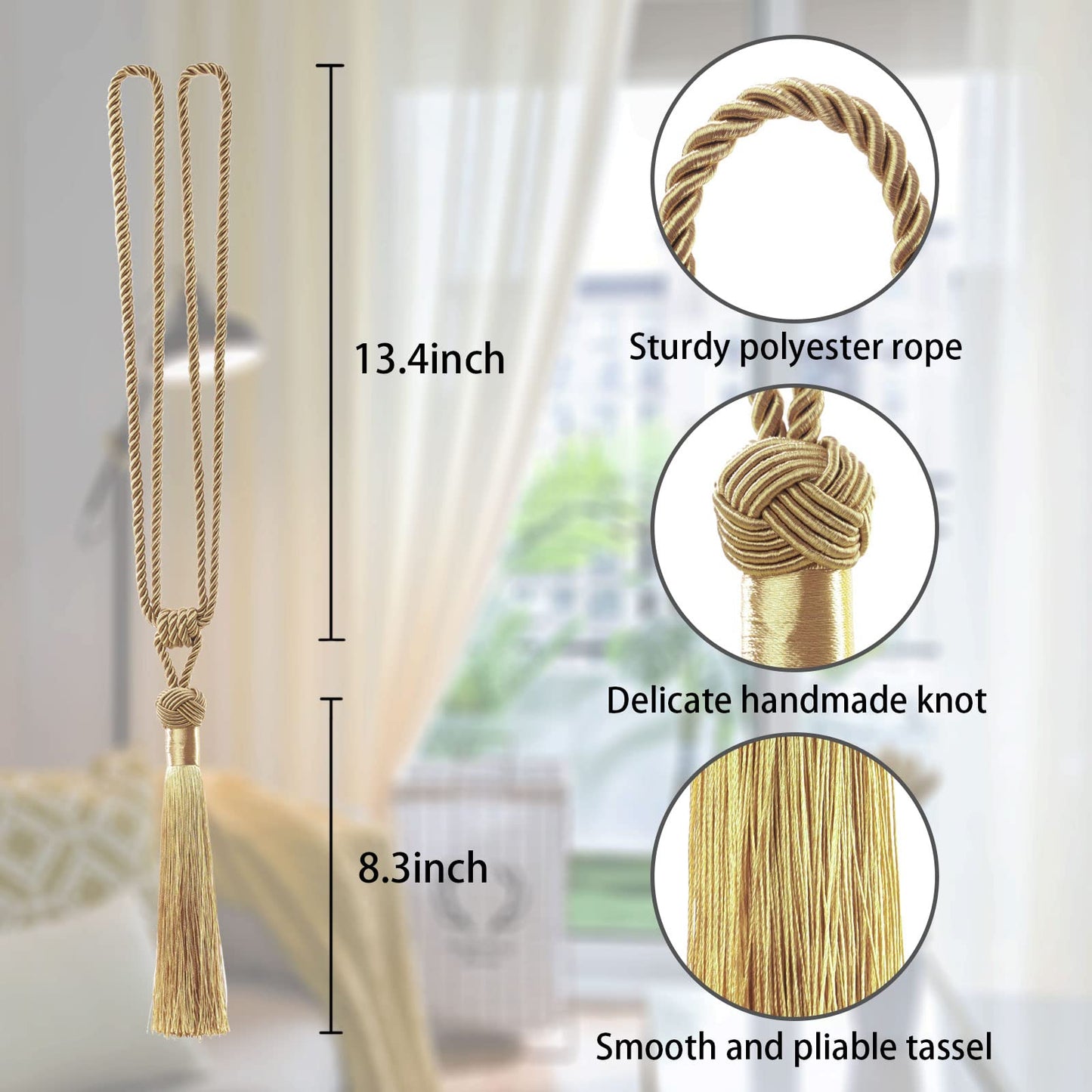 NICEEC 4 Pack Long Tassel Curtain Tiebacks Handmade Braided Rope Knot Drape Tie Backs European Style Decorative Curtain Holdbacks for Home & Office Window Drapery (Gold)