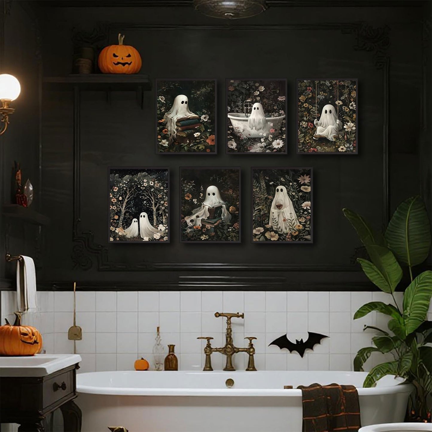 6 Pcs Flower Bush Ghost Wall Art Ghost Reading Swing Bathtub Wall Decor Pictures Halloween Dark Forest Cute Ghost Poster Prints for Dark Academy Bathroom Bedroom Home Decoration 12x16in Unframed