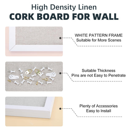 OWLKELA 24'' x 36'' Linen Bulletin Board, White Framed Corkboard, White Oak Frame Linen Cork Board, Vision Board and Decorative Hanging Pin Board