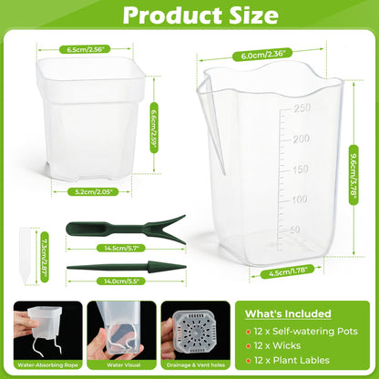 12 Pack 2.5 Inch Self Watering Pots for Indoor Plants, Clear Plastic Propagation Cups with Wick and Plant Labels for African Violets, Semi Hydro Pots,Small Seed Starter Cups, Bottom Watering Planters