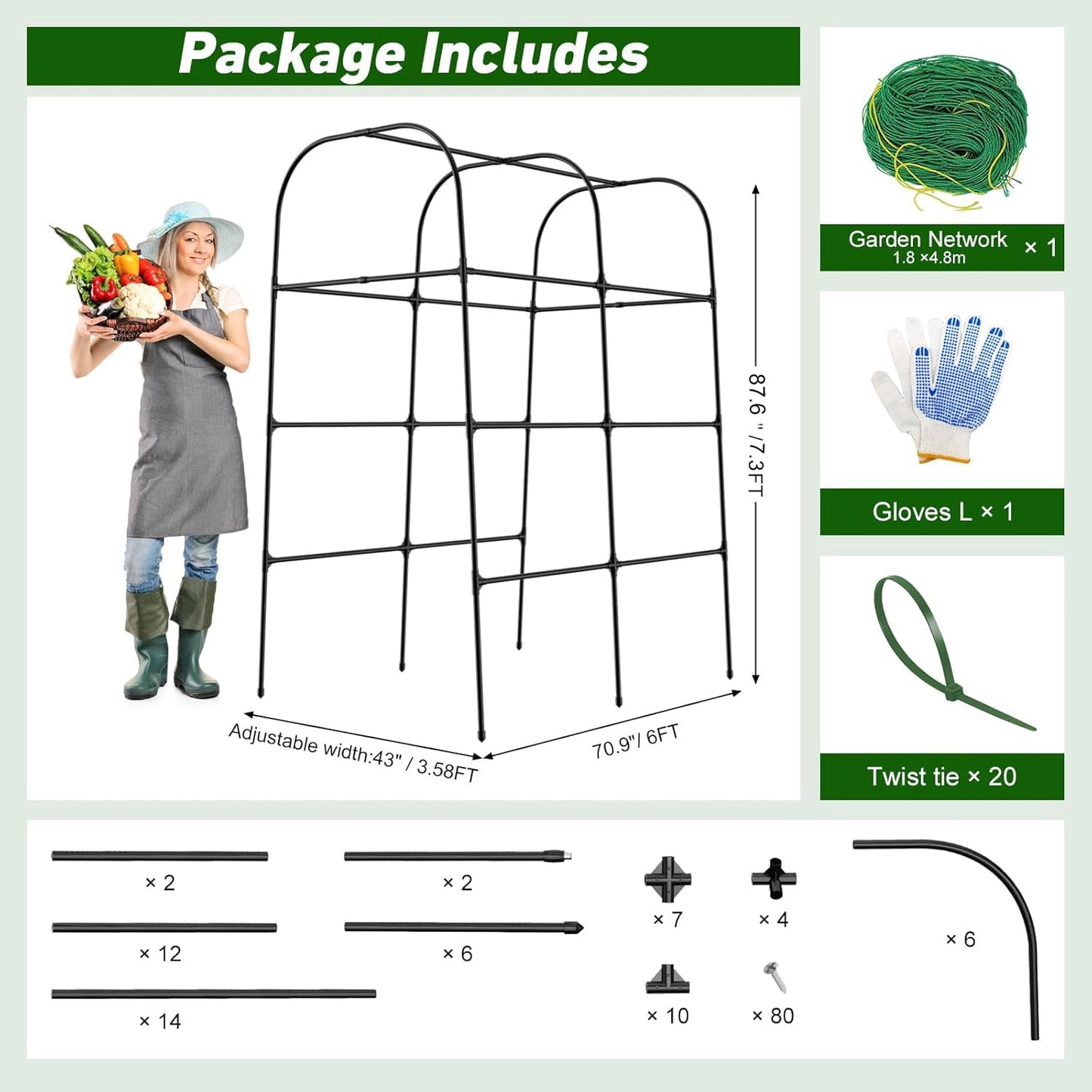 7.3FT Cucumber Trellis for Raised Bed, Garden Arch Trellis with Net, Rustproof Metal Plant Support for Climbing Plants Outdoor, Tomato Zucchini Squash Bean Pea Melon Vine, Rose Flower Garden Arbor