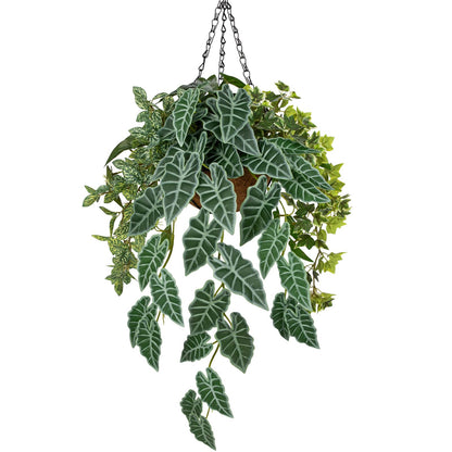 Fake Hanging Plant with Pot, Large Hanging Artificial Plants with Basket & Hanger Faux Greenery Plants Indoor Outdoor Decor Fake Alocasia Longiloba Plant in Pot for Wall Balcony Patio Office Bathroom